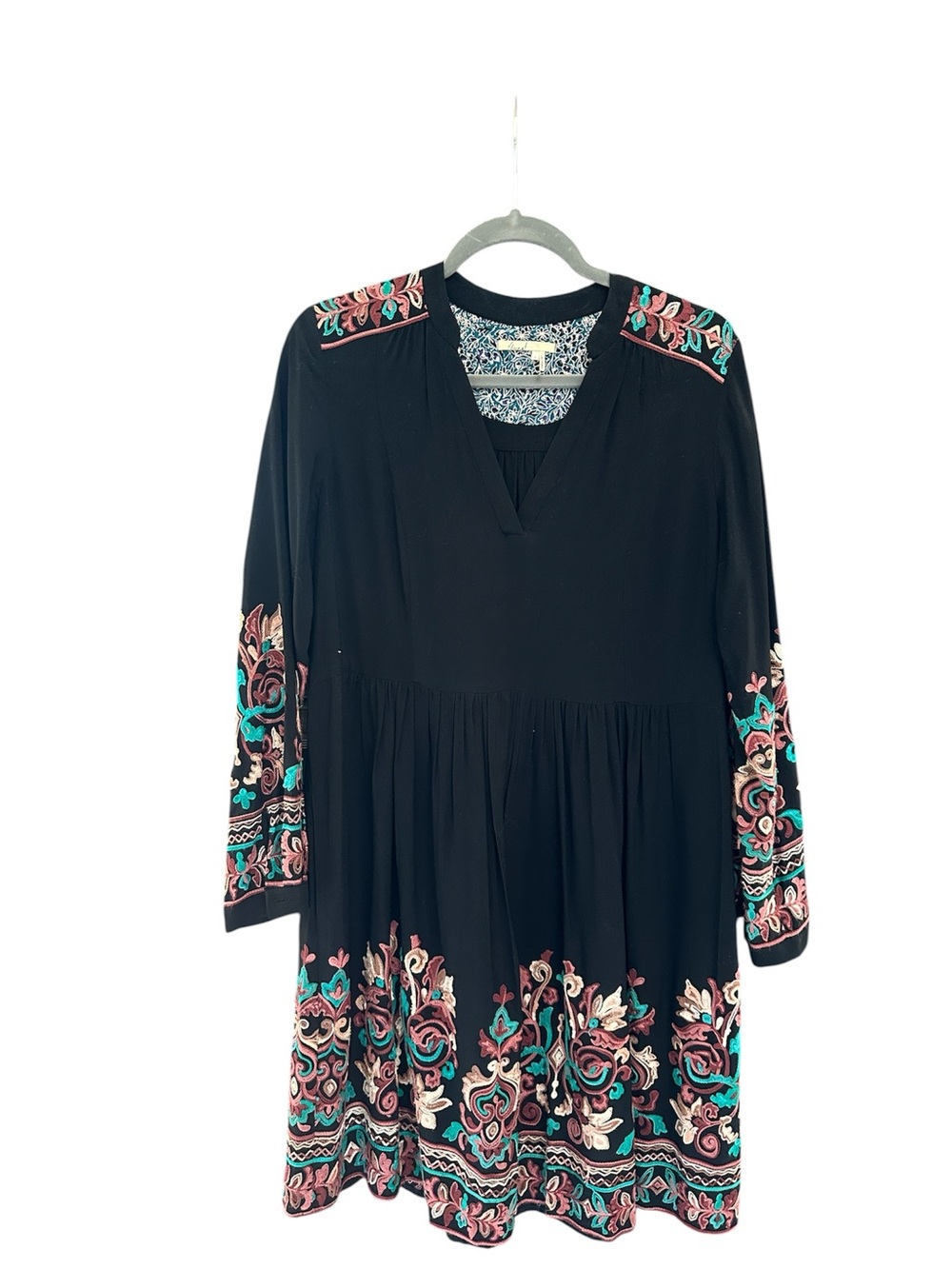 Anthropologie Black Embroidered V-Neck Women’s Tunic Dress